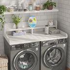 2-Tier Washer Dryer Countertop with 2.75"H Edge Rails, 54" W x 27.55" D Laundry Countertop for Folding Clothes, Washer and Dryer Topper with Non-Slip Pad (White)
