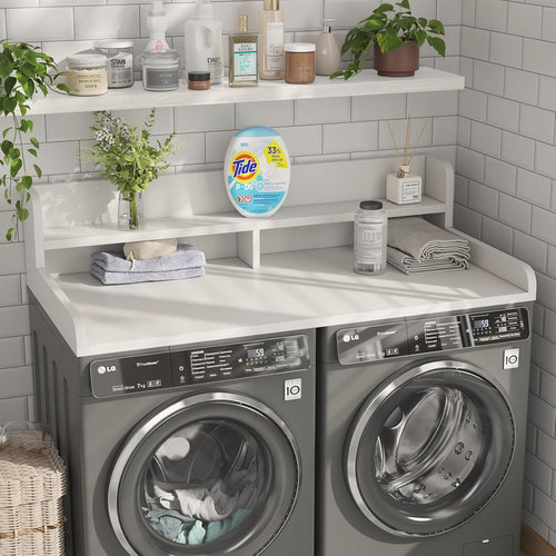 2-Tier Washer Dryer Countertop with 2.75"H Edge Rails, 54" W x 27.55" D Laundry Countertop for Folding Clothes, Washer and Dryer Topper with Non-Slip Pad (White)