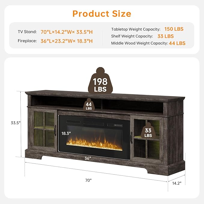 70" TV Stand with Electric Fireplace, Modern Entertainment Center for TVs Up to 80 Inches, Farmhouse Media Console with Storage Cabinets & Doors for Living Room, Gray and Black