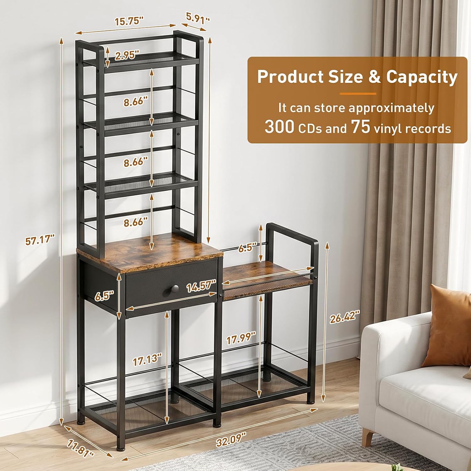 ikkle CD Rack with Drawer, 7-Tier DVD Organizer Shelf with Vinyl Storage | Media Storage Rack for CDs/DVDs, Vinyl Records, Books & Games, Ideal for Living Room & Home Office, 32.1x11.8x57.2 in, Brown