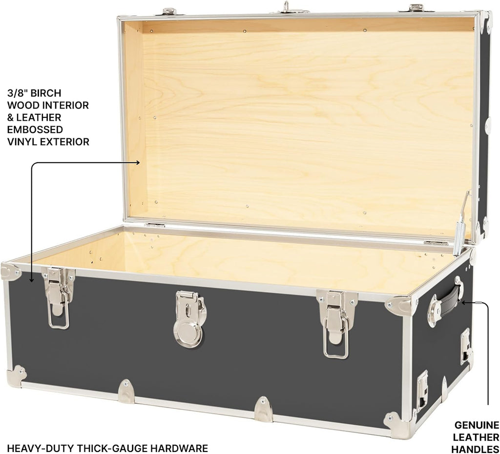 Rhino Classic Large Trunk for Camp & College, Dorm Storage Footlocker Chest | 32"L x 18"W x 14"H, 1500+ lb Capacity, Baltic Birch Plywood, Nickel Plated Steel, Lockable