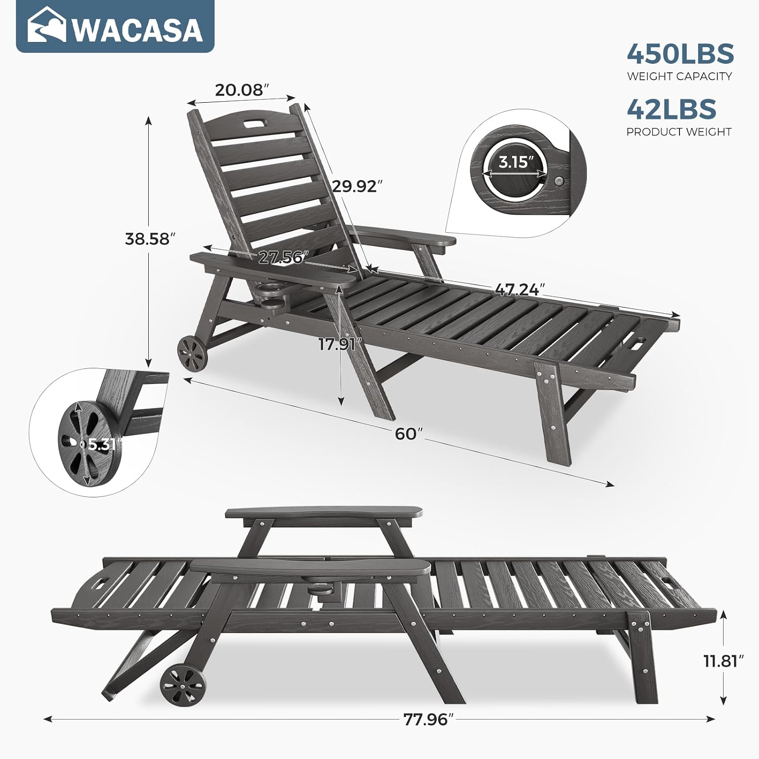 WACASA HDPE Pool Lounge Chairs with Wheels & Cup Holder, 6-Position Adjustable Outdoor Lounge Chair, Easy 20-Min Assembly, 450LBS Bearing, Patio Lounger Recliner for Poolside, Deck, Backyard (Grey)