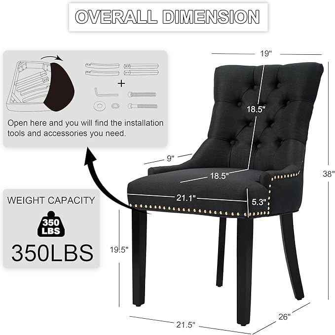 Modern Leisure Linen Dining Chairs Set of 6, Upholstered Dining Chair with Solid Wood Legs, Mid-Century Dining Room Chairs with Pull Ring and Tufted Backrest, Black