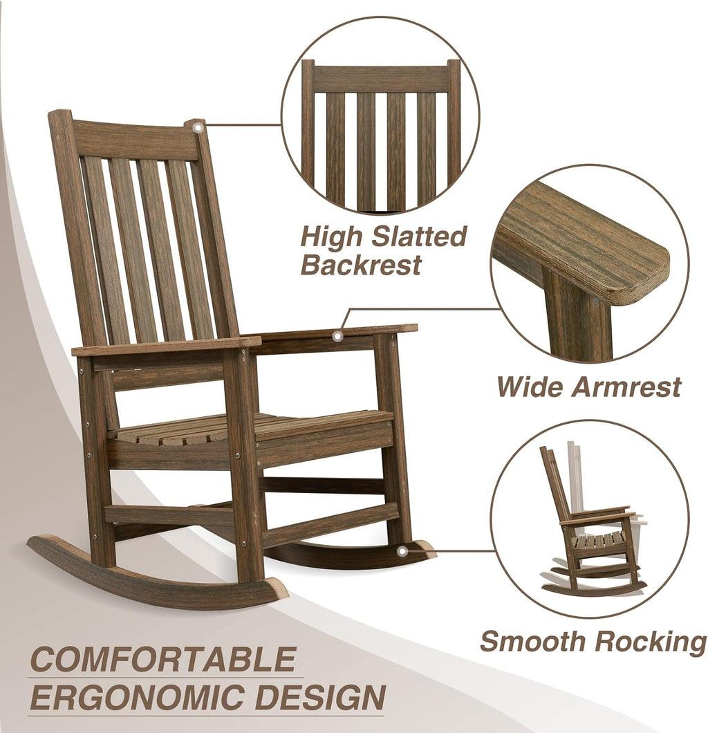 Oversized Outdoor Rocking Chair, Porch Rocker with High Back, Brown | HDPE Patio Rocking Chairs, Weather Resistant & 350lbs Heavy Duty Porch Rocker with High Back for Backyard,Garden and Balcony