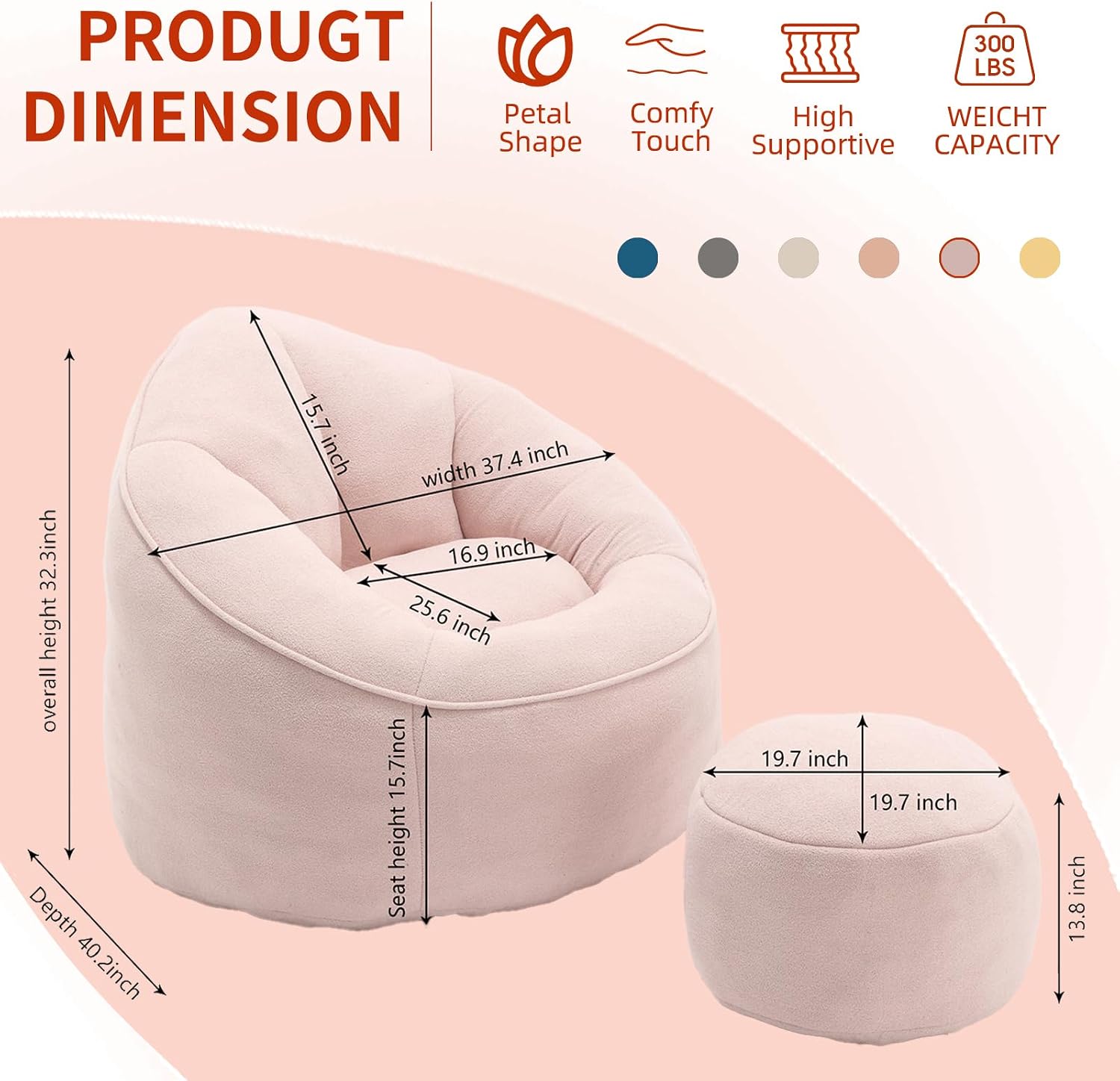 Bean Bag Chairs, Gaint Bean Bag Couch with Memory Foam for Adults and Kids, Microfiber Upholstered Sofa with Ottoman, Comfy Lazy Bean Bag Reading Chair for Living Room