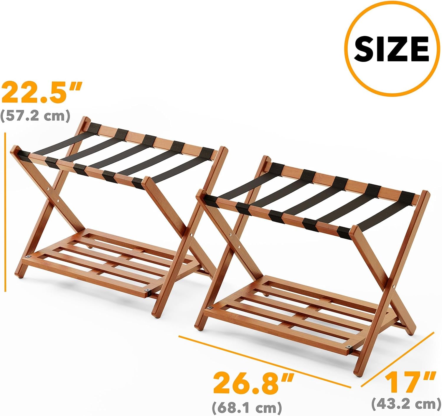 SpaceAid Fully Assembled Luggage Rack 2 Pack, Bamboo Foldable Suitcase Stand for Guest Room, Heavy Duty Folding Luggage Holder with Storage Shelf for Bedroom and Hotel, Walnut
