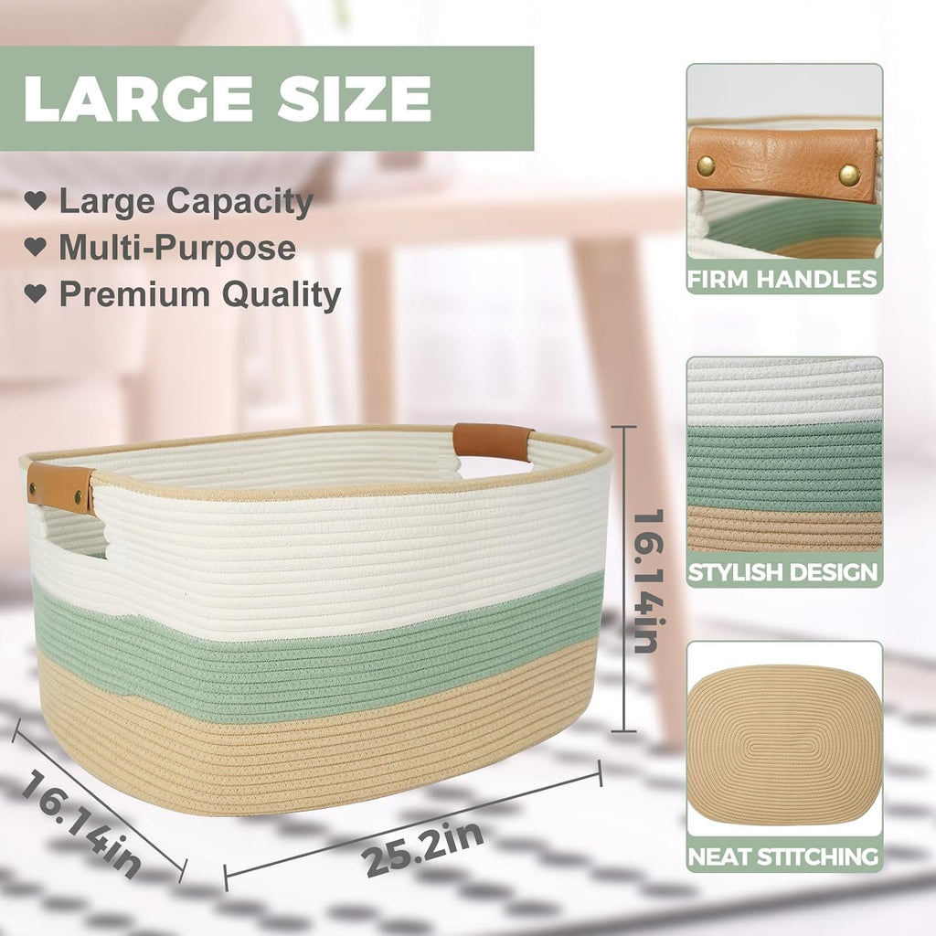 Large Woven Basket, 108L Rectangular Woven Storage Basket with Leather Handles, Stylish Organizer Bin for Home, Office, Laundry, Toys, or Blankets, 25’’*16’’*16’’ White & Green & Jute