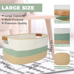 Large Woven Basket, 108L Rectangular Woven Storage Basket with Leather Handles, Stylish Organizer Bin for Home, Office, Laundry, Toys, or Blankets, 25’’*16’’*16’’ White & Green & Jute