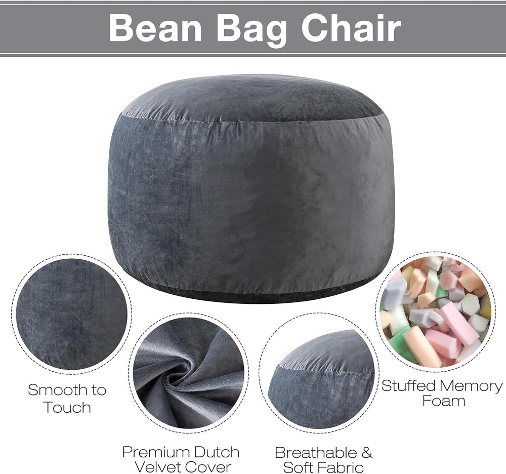 3 ft Bean Bag Chair, Bean Bag Chairs for Adults,3 Foot,Dark Grey | Memory Foa...