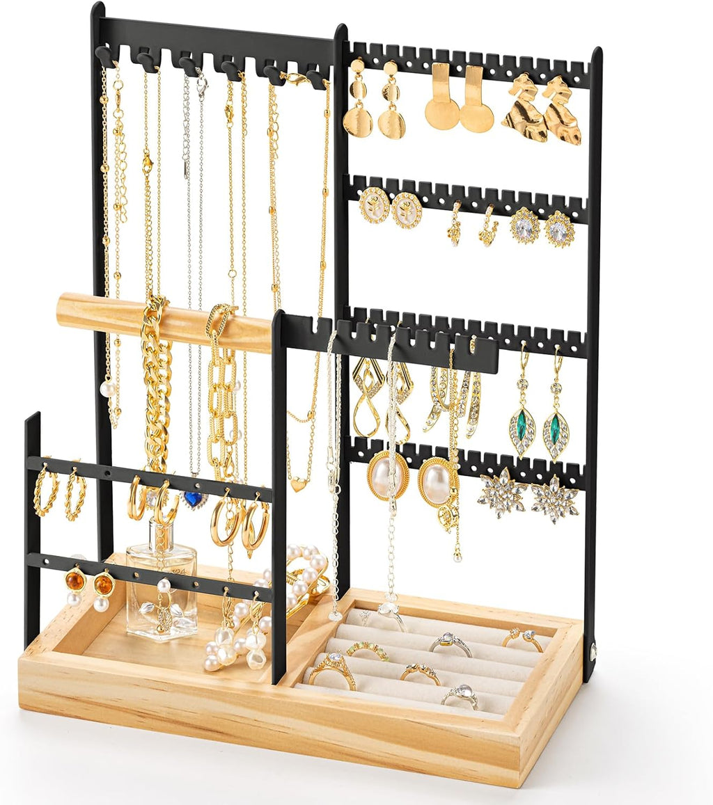 DreamGenius Jewelry Organizer Stand with Velvet Ring Holder, 4 Tier Jewelry Holder Organizer with 11 Hooks for Necklaces and 132 Holes for Earrings, Black
