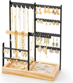DreamGenius Jewelry Organizer Stand with Velvet Ring Holder, 4 Tier Jewelry Holder Organizer with 11 Hooks for Necklaces and 132 Holes for Earrings, Black