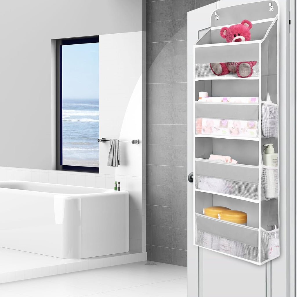 QINGUANG Over The Door Organizer,Hanging Organization and Storage, Behind Door Organizer with Side Pockets, 35 lbs Capacity,Anti Tilt, for Nursery, Bathroom, Bedroom,Dorm (4-Shelf)