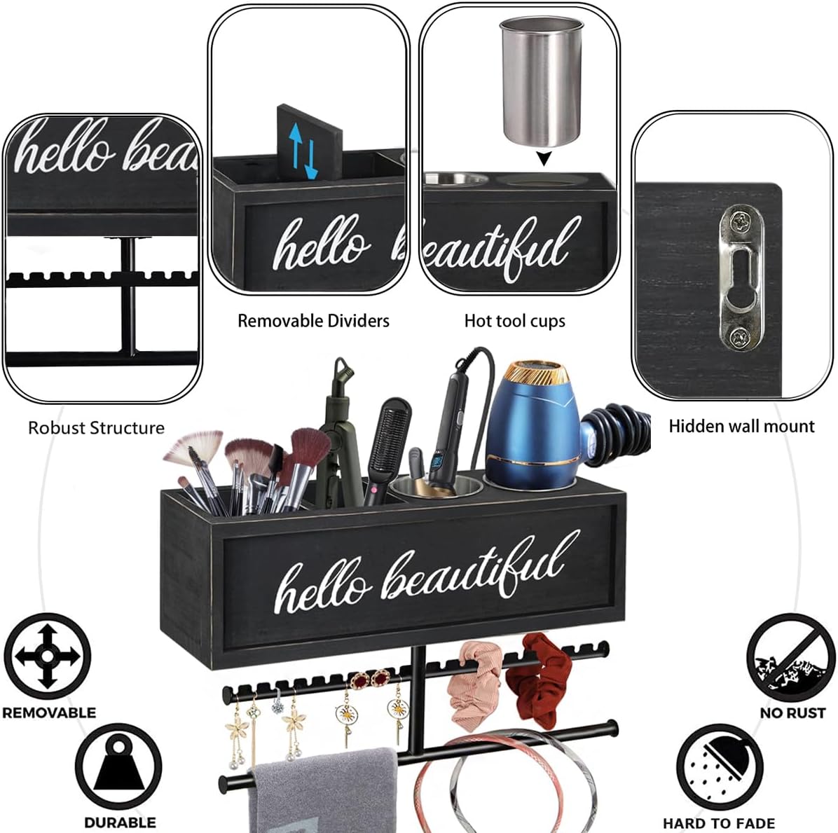 Rustic Hair Dryer Holder Wall Mounted,Hair Styling Tools & Accessories Organizer,Bathroom Supplies & hot Tools vanities Organizer Caddy,for Storage Flat Iron,Blow Dryer,Curling Iron,Towel