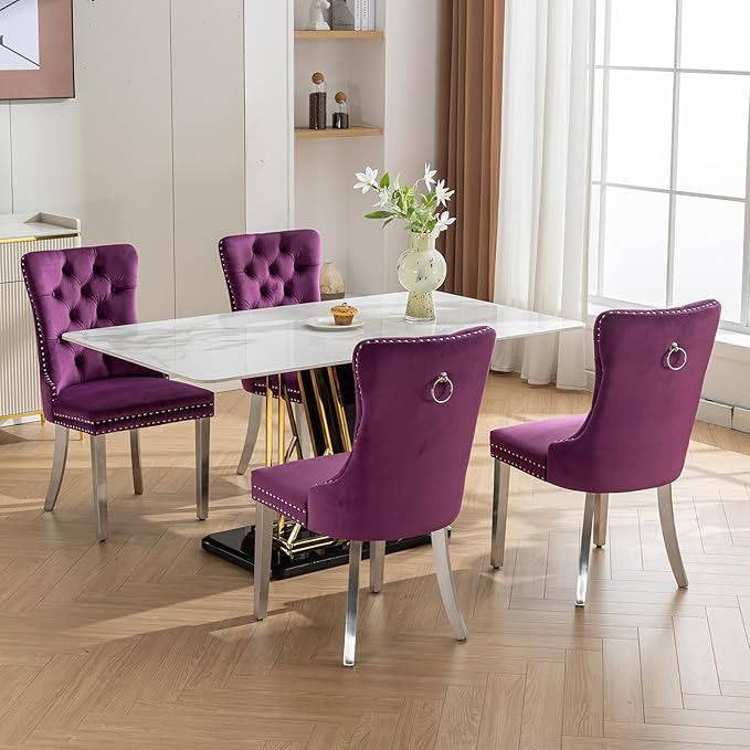 Luxury Upholstered Dining Chairs Set of 6, Purple Kitchen Chair with Silver Metal Legs, Velvet Tufted Back Dining Chair, Sillas de Comedor, Modern Kitchen & Dining Room Chairs (Purple, 6 Pcs)