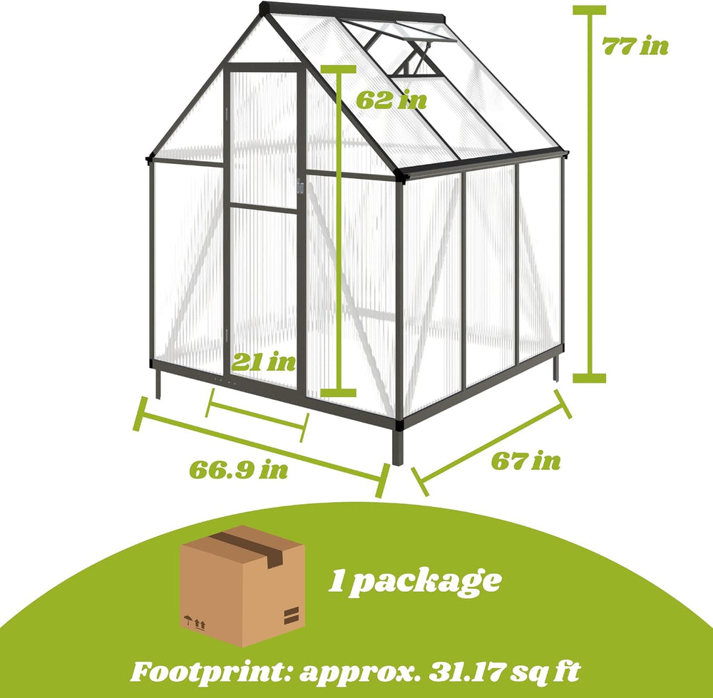 6x6FT Outdoor Polycarbonate Greenhouse with Roof Vent, Dark Gray