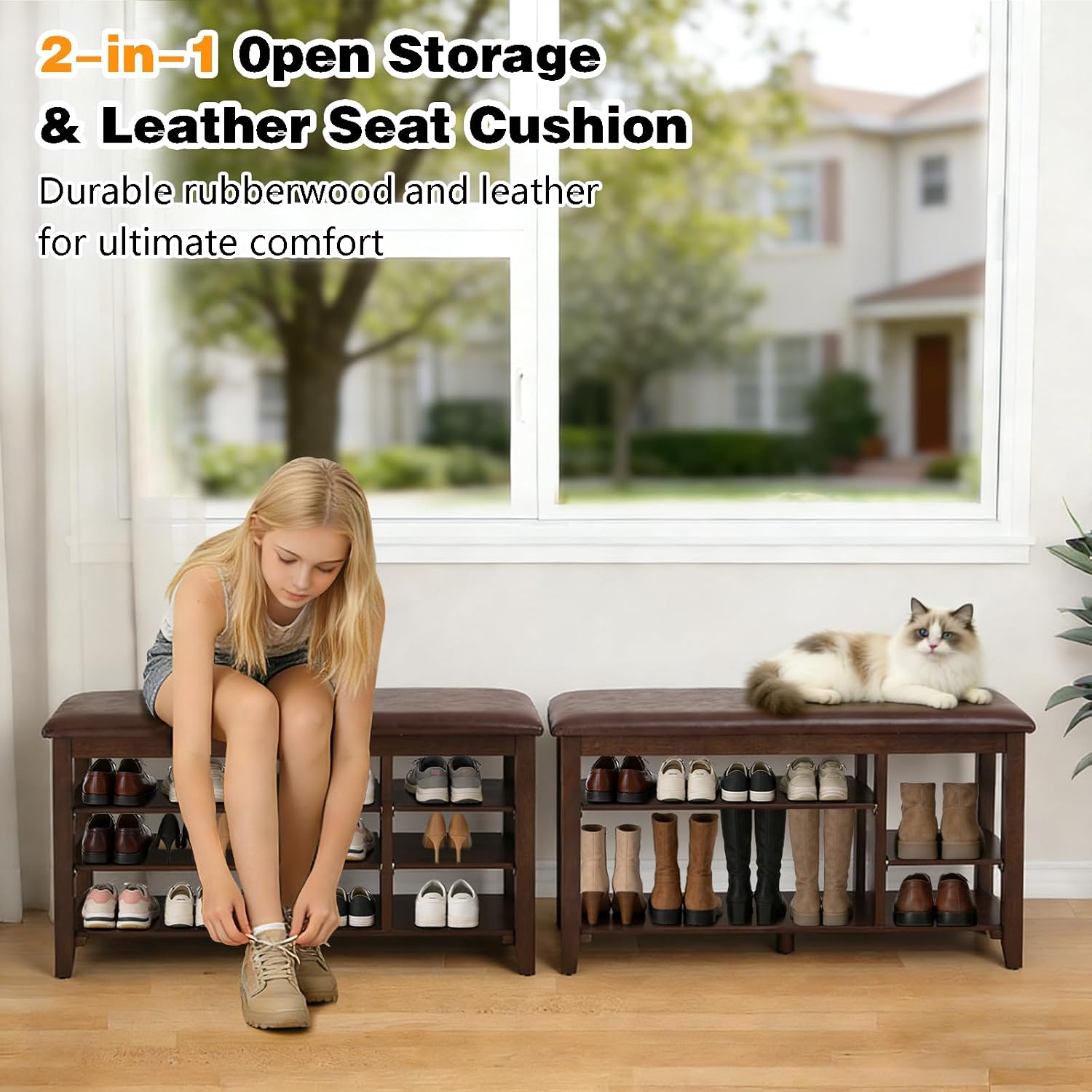 PY HOME & SPORTS Shoe Rack for Entryway 39.4": 3-Tier Shoe Storage Bench, Adjustable/Removable Shelves, Rubberwood Shoe Benches for Hallway, Porch, Bathroom, Brown