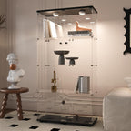 Beauty4U Glass Display Cabinet with Light, 4 Shelves with 2 Doors, Curio Cabinets for Living Room, Bedroom, Office, Black Floor Standing Glass Bookshelf, Quick Installation
