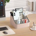 Remote Control Holder, PU Leather Small Desk Organizer with 4 Compartments, Nightstand Organizer Desk Caddy for Remote, Notepad, Phone, Glasses, and Accessories (Pink)