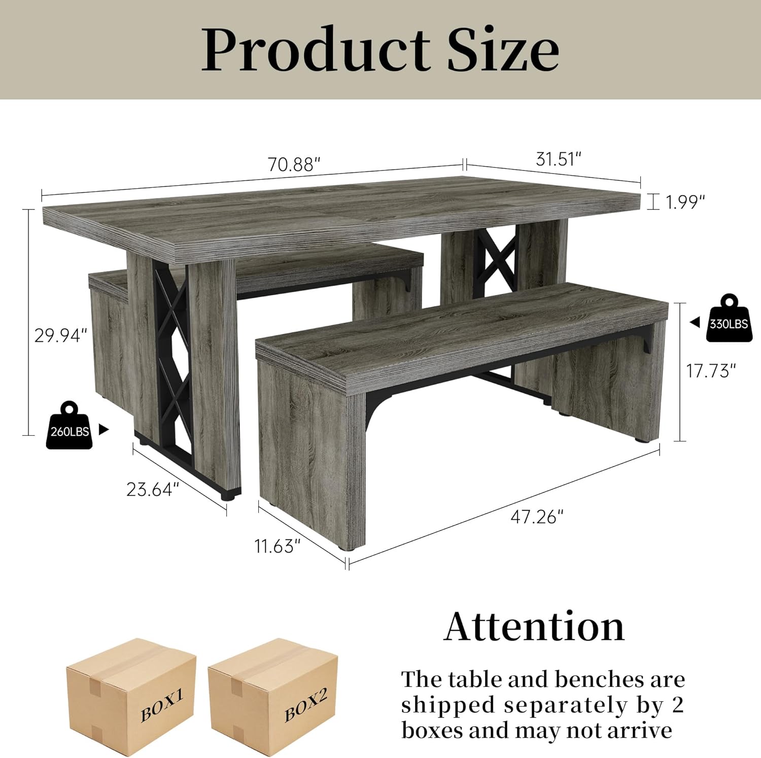 HIPIHOM 3-Piece Dining Table Set for 6 People, 70.8'' Rectangle Kitchen Table with 2 Benches for Breakfast Nook, Dining Room Furniture(Grey Table+2 Benches)