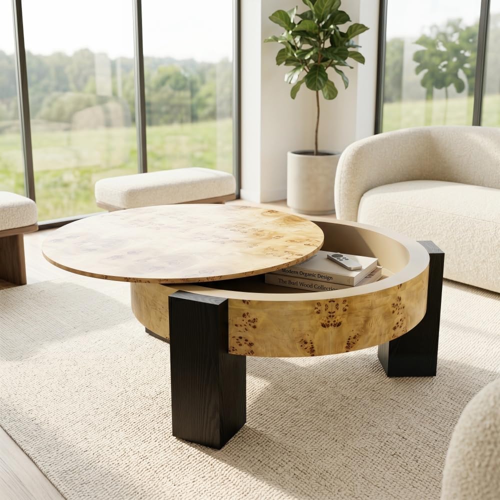 33'' Round Burl Wood Storage Coffee Table, Organic Modern Hidden Comp...