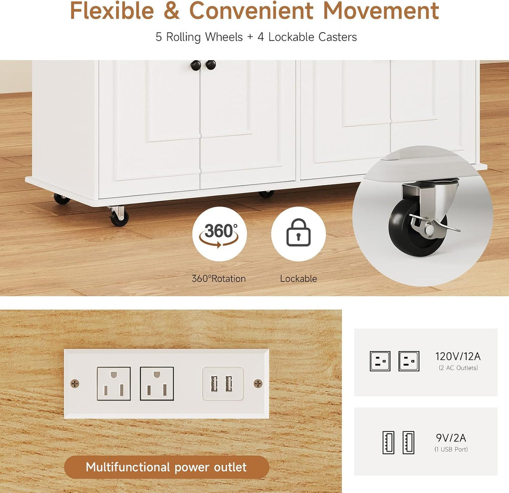 ONBRILL 58" Kitchen Island with Power Outlet, Rolling Kitchen Cart, White