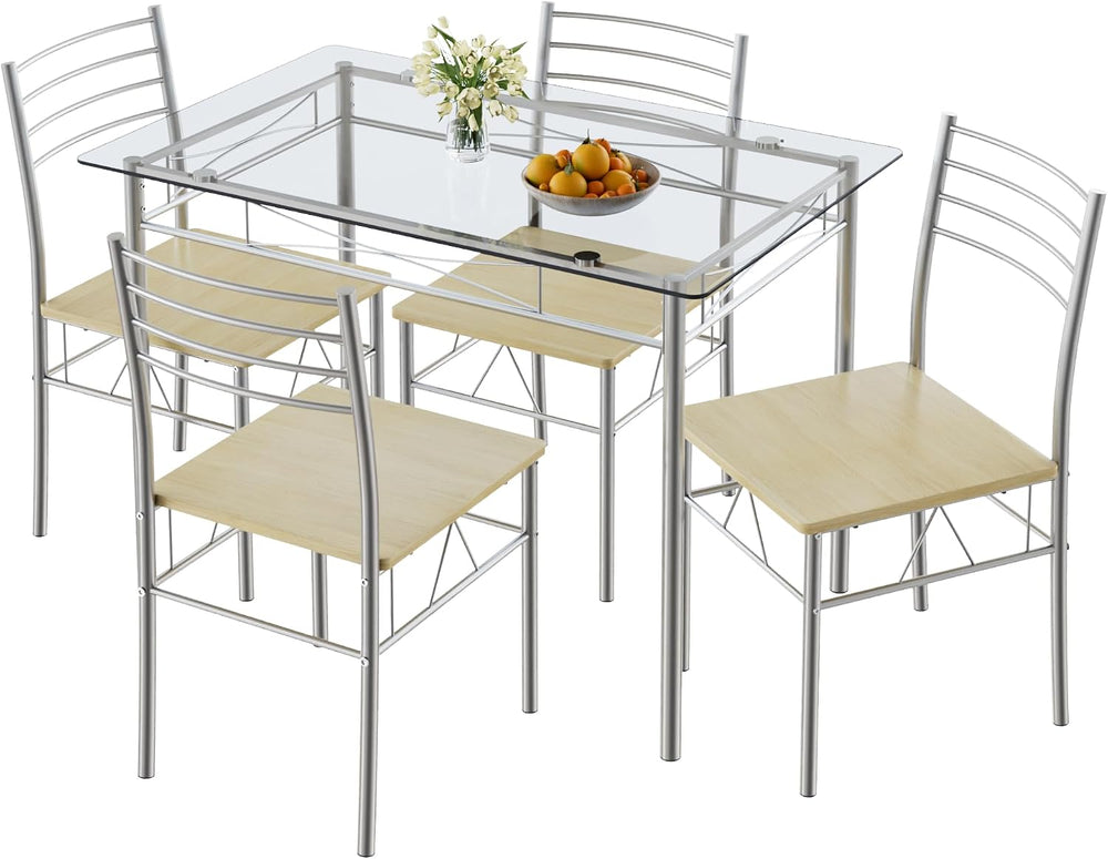 VECELO Dining Table Set for 4, 5-Piece Glass Kitchen Table with Chairs for Sm...