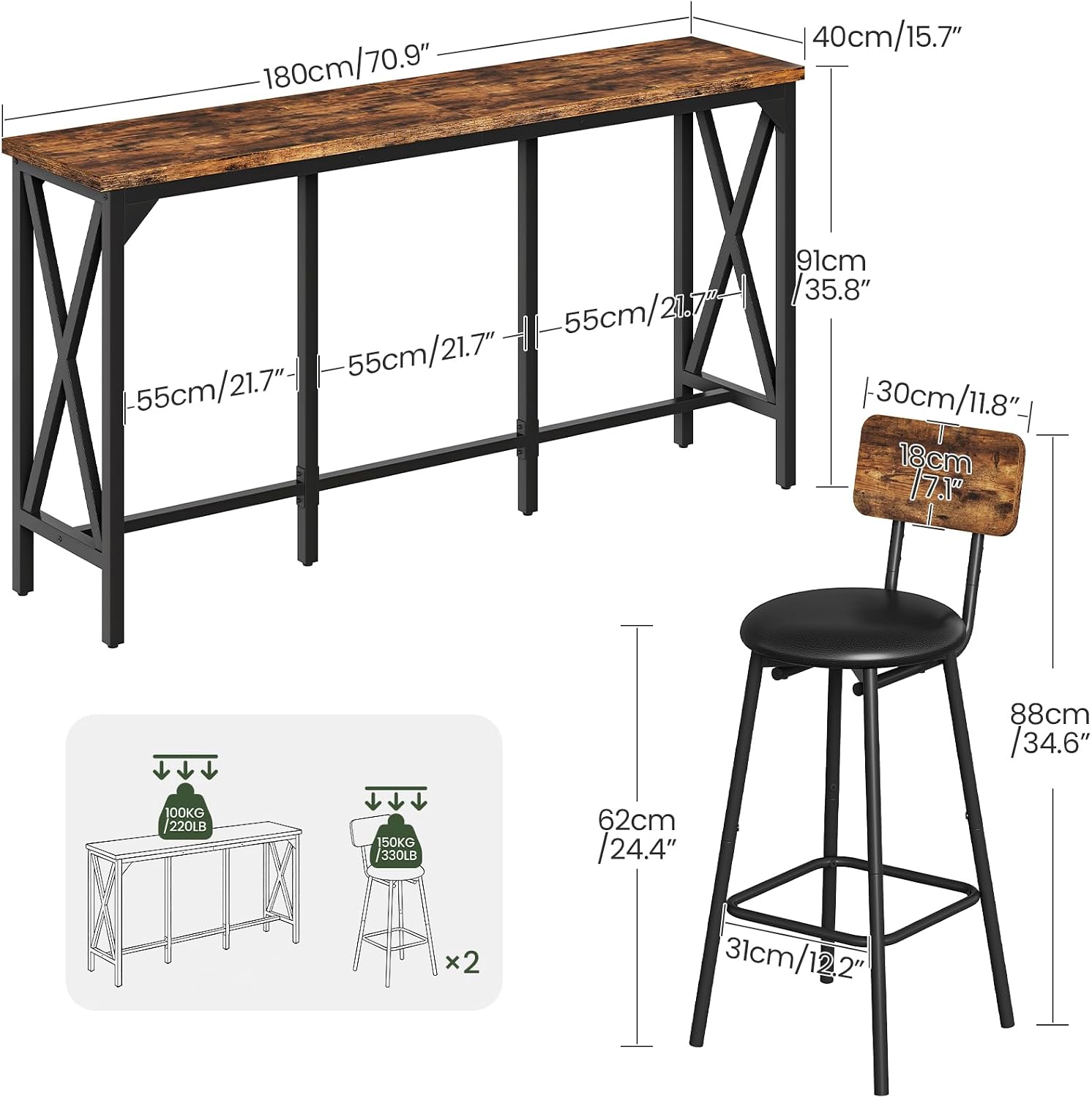 CHOEZON Bar Table and Chairs Set, Counter Height Table and Chairs, with X-Shaped Supports, 1 Pub Table and 2 Chairs, for Dining Room, Living Room, Home Bar, Rustic Brown and Black TBT18BF