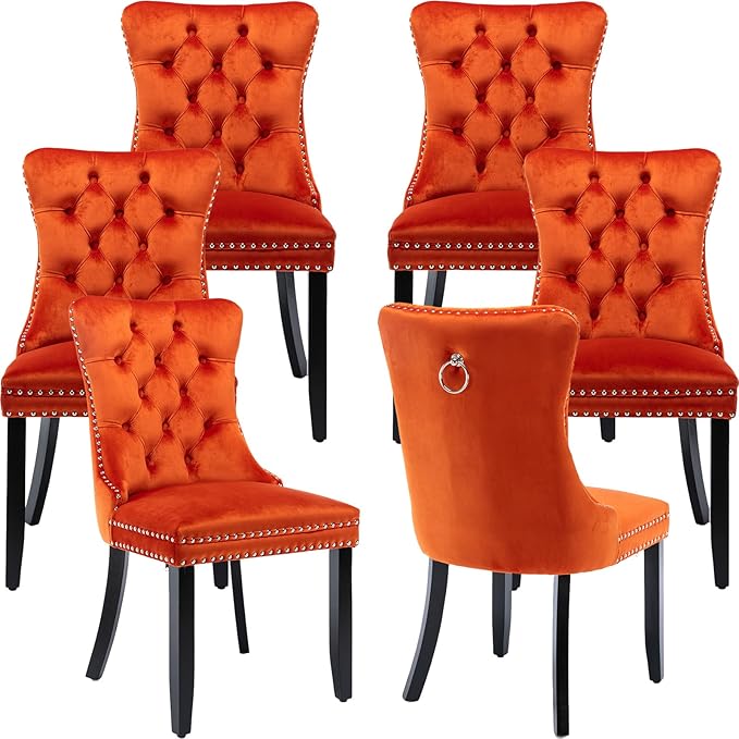 Modern Dining Chairs Set of 6, Tufted Upholstered Dining Chair with Solid Woo...