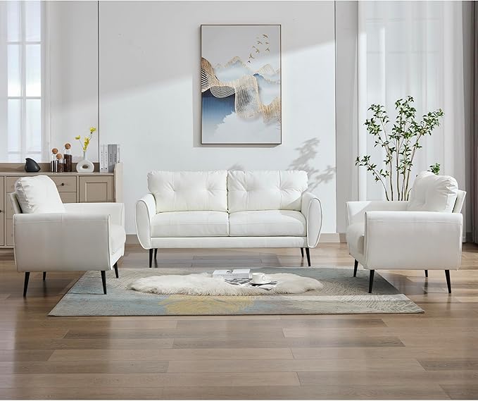 TYBOATLE Sofa Couch 61" Small Loveseat Couches for Living Room Leather Couch Mid Century Modern Tufted Mini Sofa Comfy Office 2 Seat Settee Love Seat for Small Spaces Bedroom (3, White)