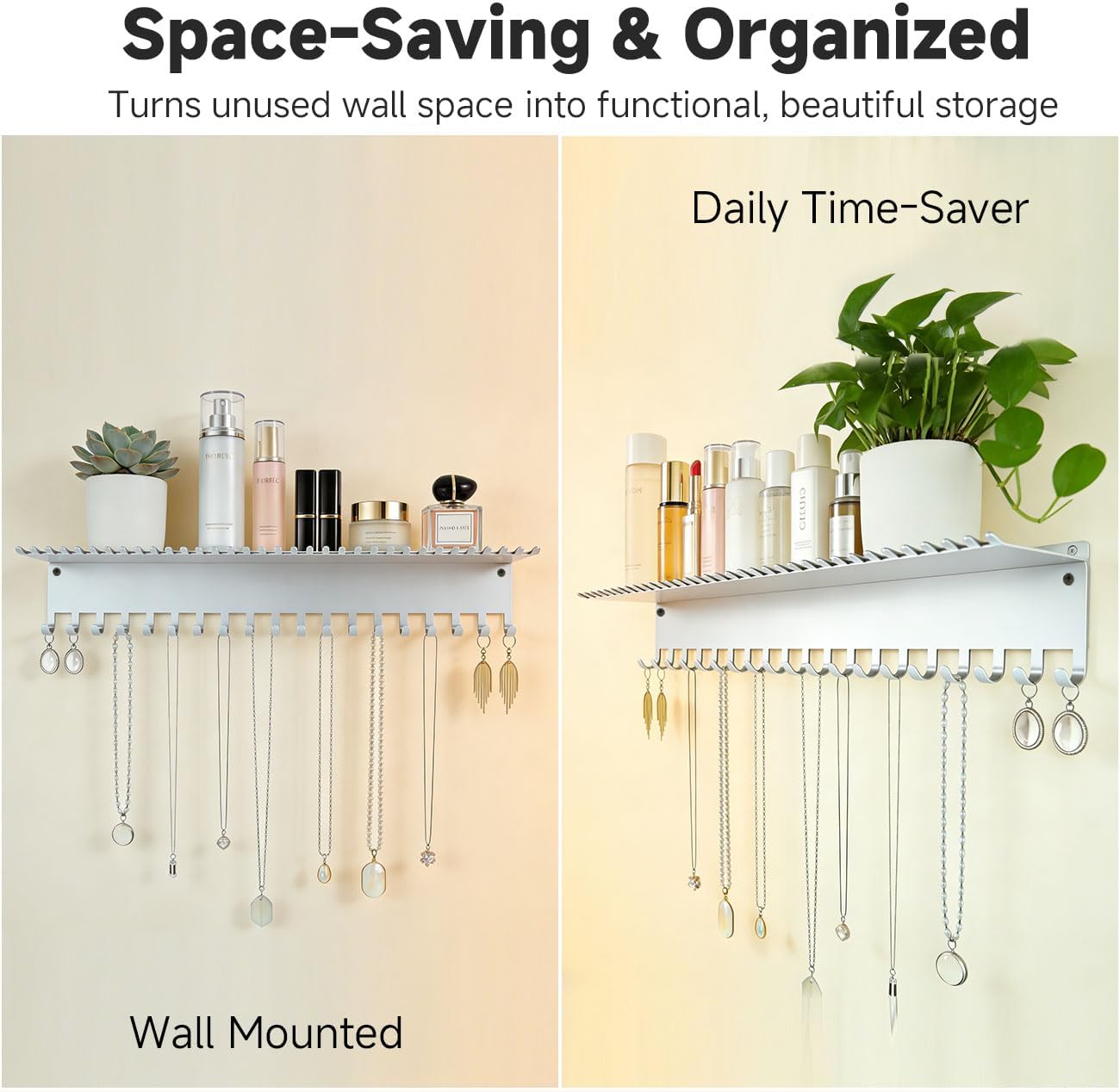 Necklace Jewelry Holder Wall Hanging Organizer Hangers Storage Mounted Shelf with 56 Hooks Tray Display Girls Women Metal Door Earring Mount Key Chains Rack White