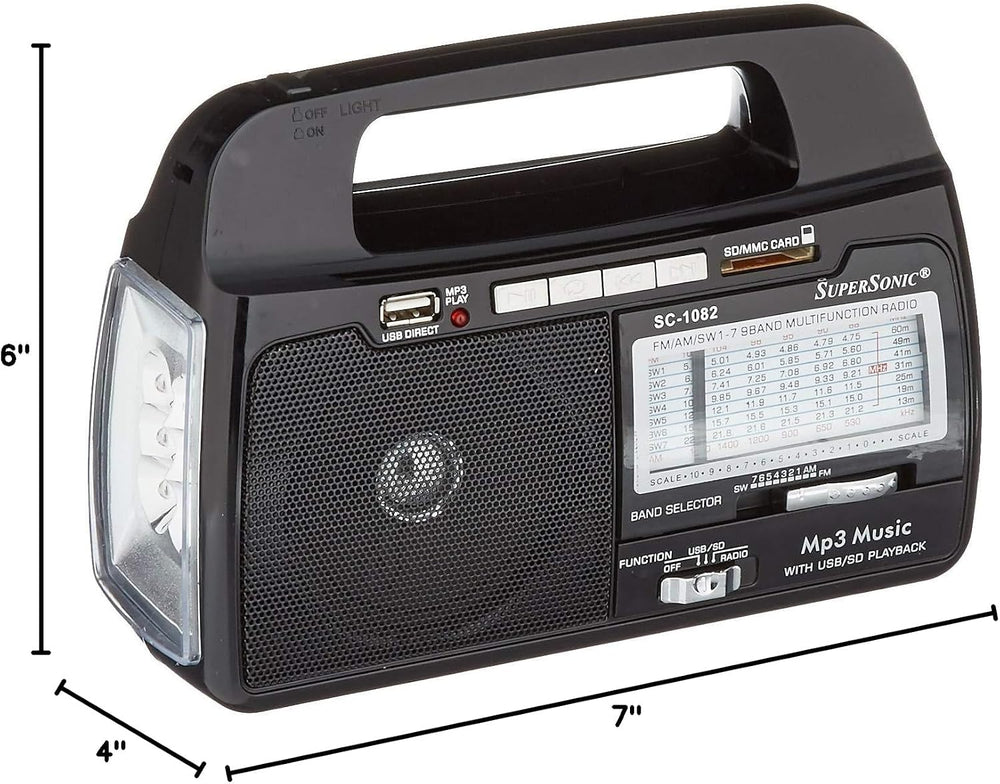 Supersonic SC-1082 9 Band AM/FM/SW 1-7 Portable Radio, High Sensitivity Recei...