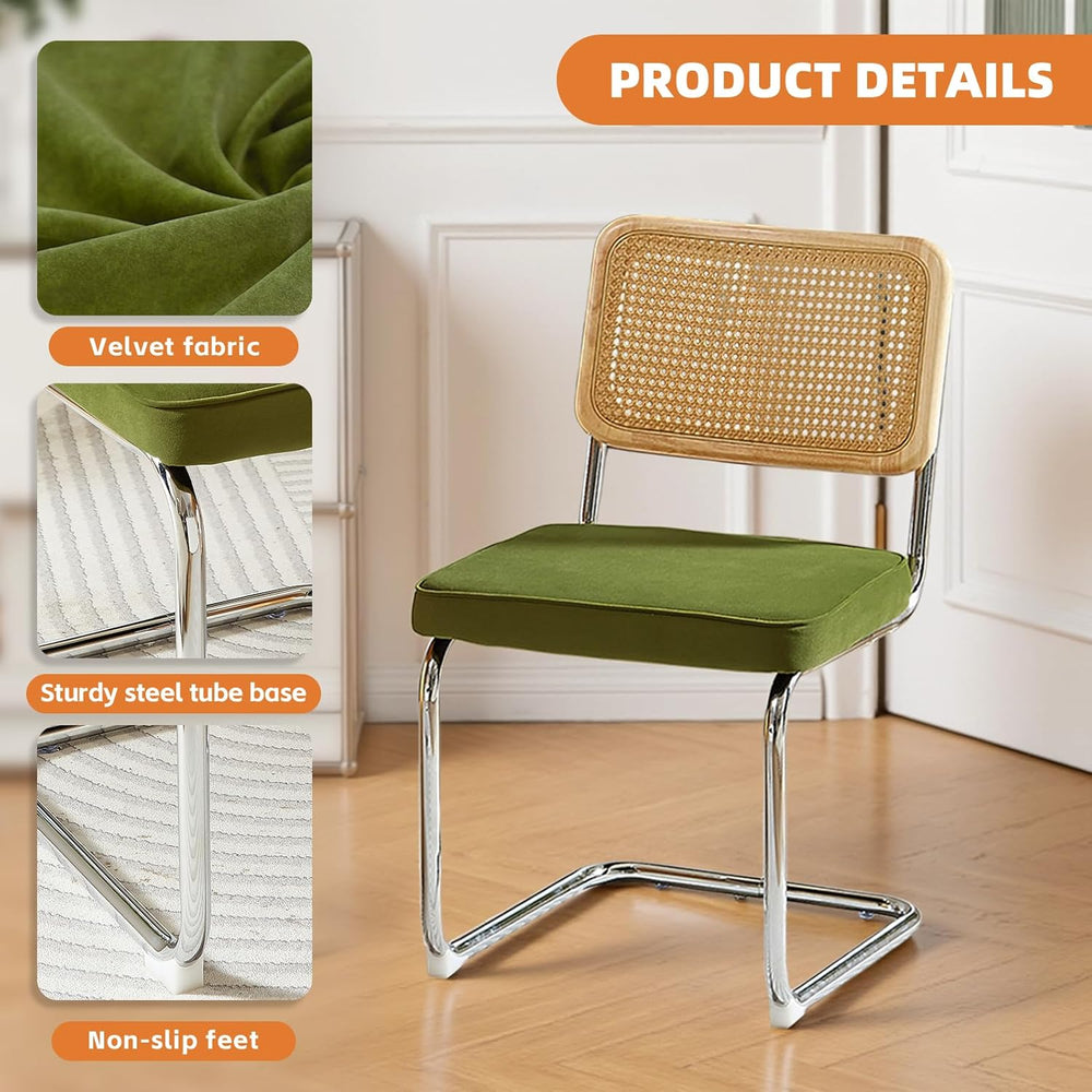 Rattan Back Velvet Dining Chair Set of 6 Modern Stainless Chrome Base Armless...