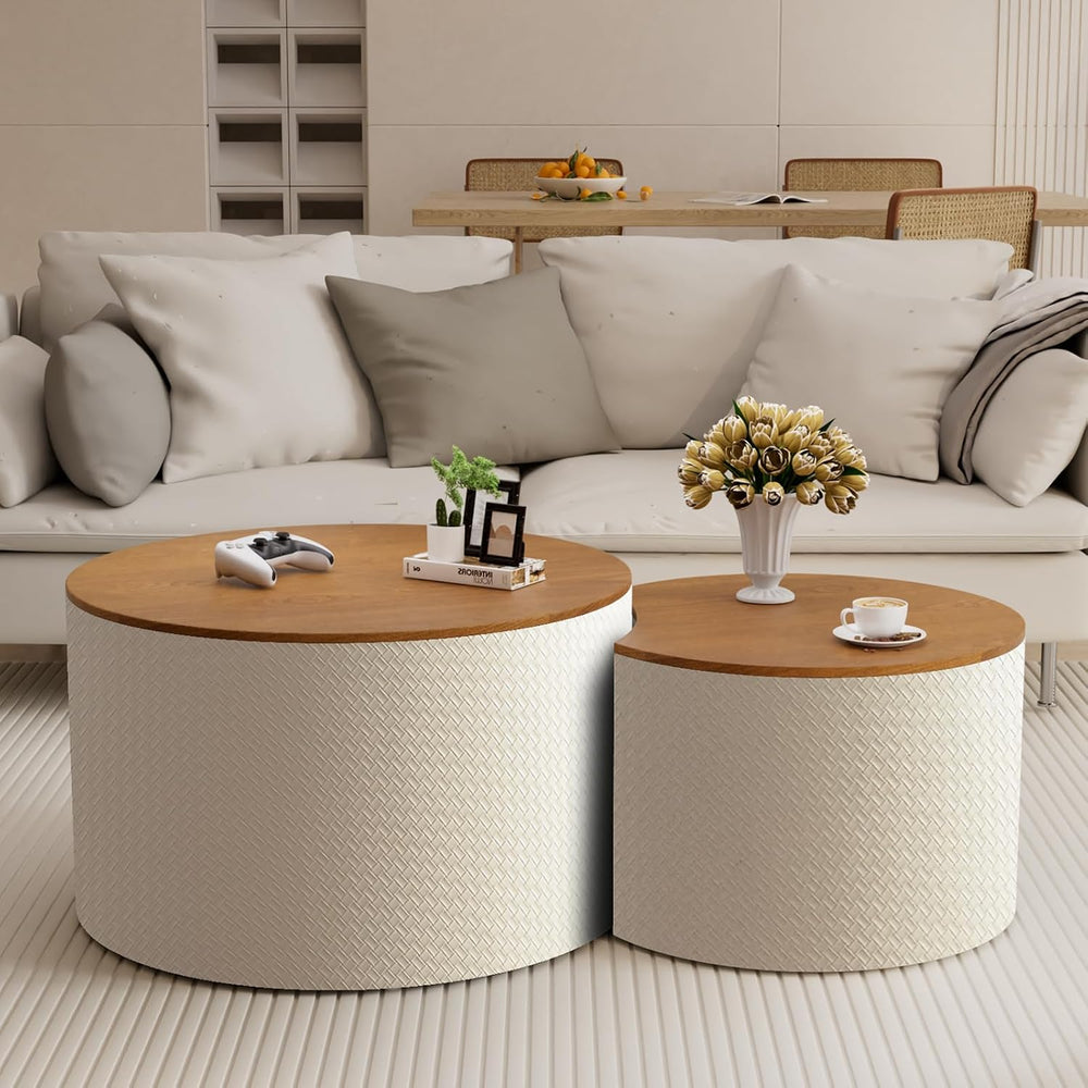 Round Nesting Coffee Table Set of 2 with Storage for Living Room (White) | Mo...