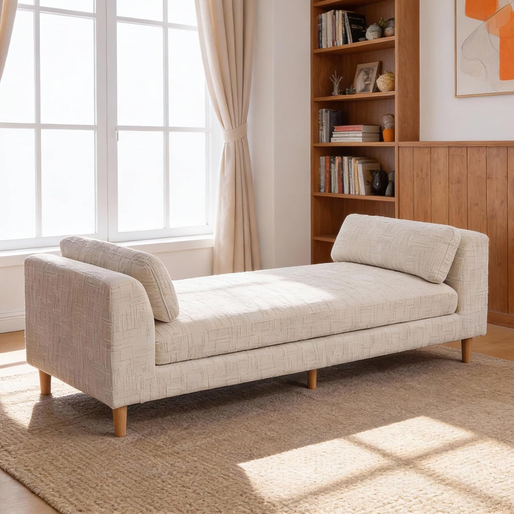 Aoiy & Wifon 83.1" W End of Bed Bench King Size, Oversized Window Bench Seat with Pillows & Rubberwood Legs for Bedroom/Living Room/Apartment, Polyester, Beige