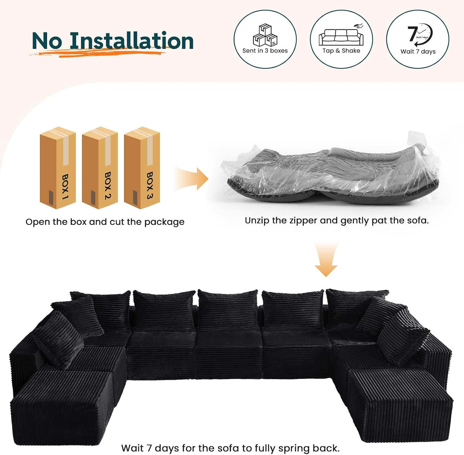 Sleeper Sofa 9 Seater Boneless Couch Modular Sectional Sofa | Cloud Couch Sectional Couches for Living Room, U Shaped Couches with Ottomans No Assembly Required, Black