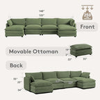 ROWHY 148'' Sectional Cloud Couch with 2 Ottomans, Oversized 4 Seat Sleeper Sofa with 2 Throw Pillows, Convertible Upholstered U Shaped Cozy Sofa Furniture Set for Living Room and Office, Green