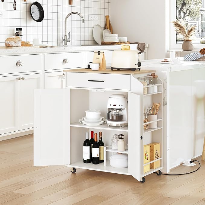 HOOBRO Kitchen Island with Power Outlet, Kitchen Storage Island with Spice Rack and Drawer, Rolling Kitchen on Wheels, for Home, Dining Room, Natural and White