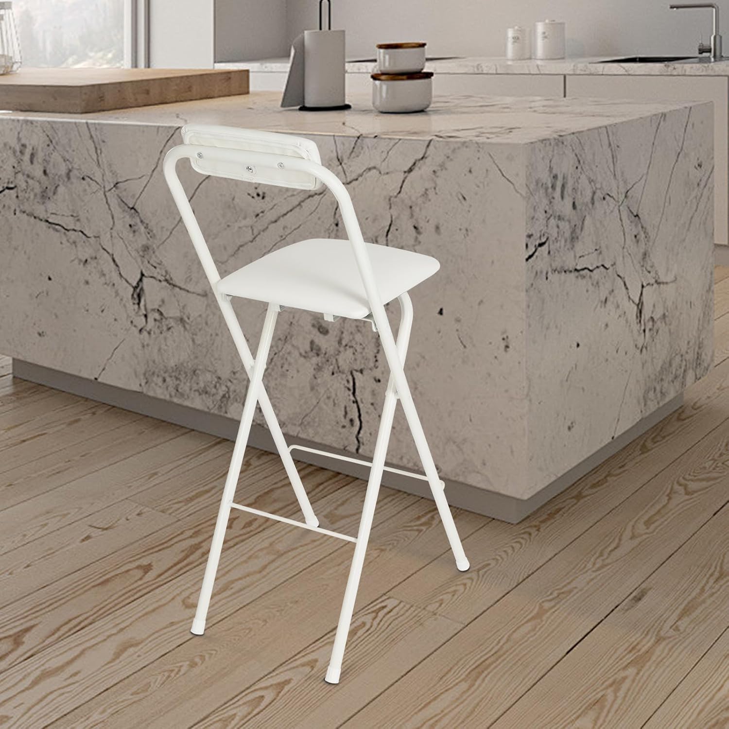 70cm Tall Adjustable Folding Bar Stool with Backrest - Portable Foldable Stool Chair for Kitchen, Outdoor & Commercial Use (1-Pack, Space Saving Design)‌ (White)