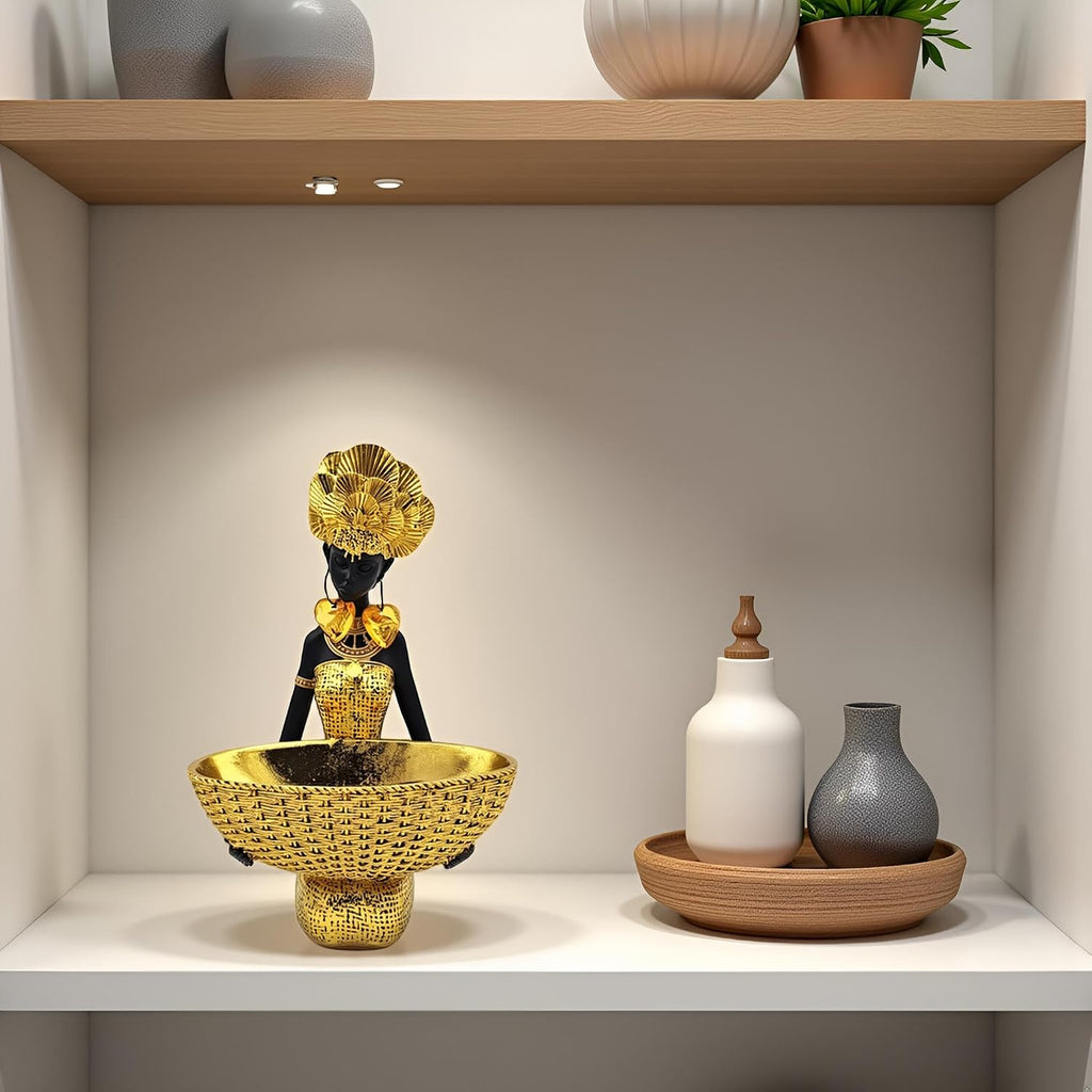 African Tribal Statue - Tribal Lady Figure Sculpture Tray,Coffee Table/Office/Shelf/Living Room Handmade Home Decor - Best Gift for Birthday/Anniversary/Wedding (Gold)