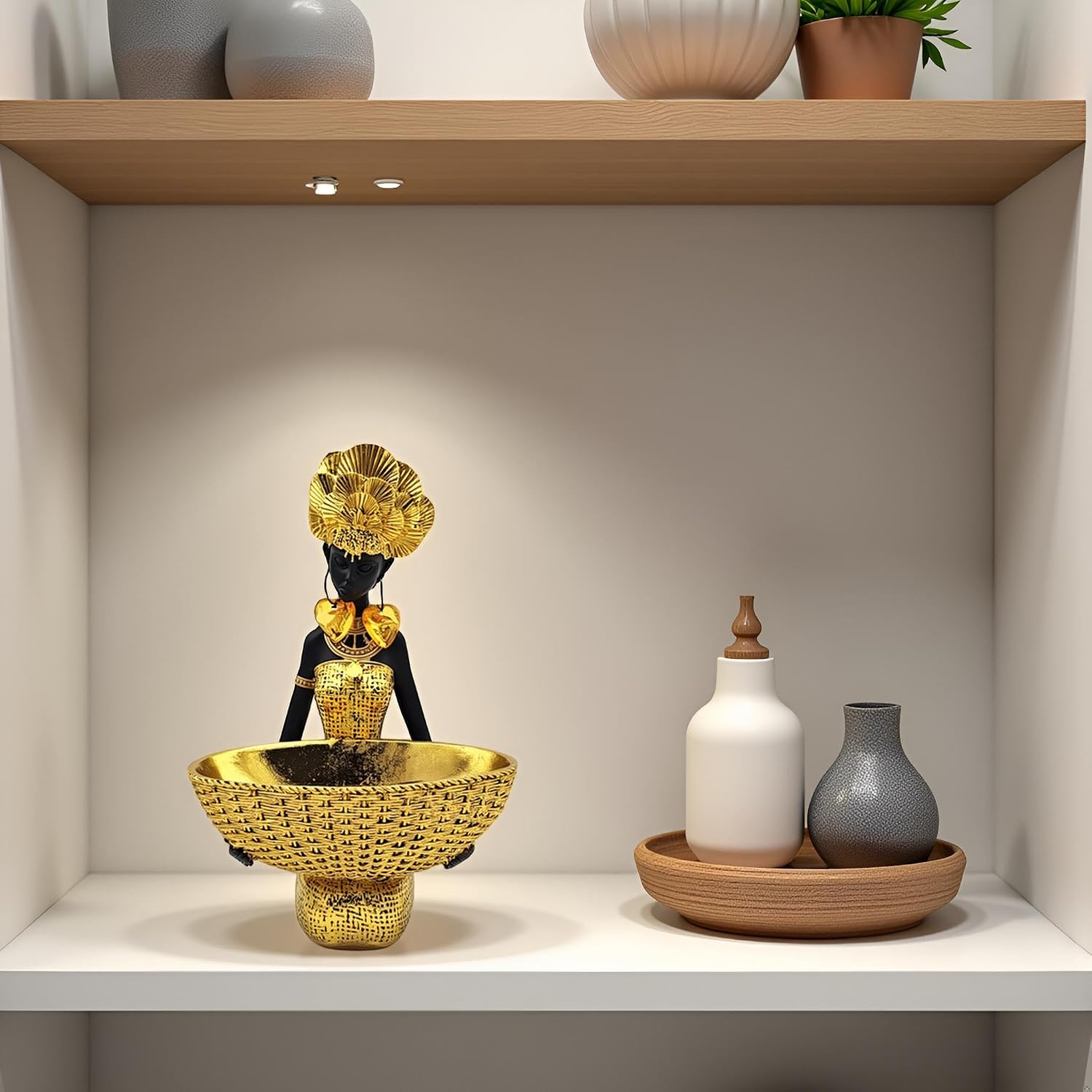 African Tribal Statue - Tribal Lady Figure Sculpture Tray,Coffee Table/Office/Shelf/Living Room Handmade Home Decor - Best Gift for Birthday/Anniversary/Wedding (Gold)