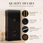 YESHOMY 70.9" Armoire Wardrobe Closet with Sensor Light, 2 Drawers (Black) | 20" Deep Design, Side Hooks, Soft-Close Hinges, Thickened Base Support