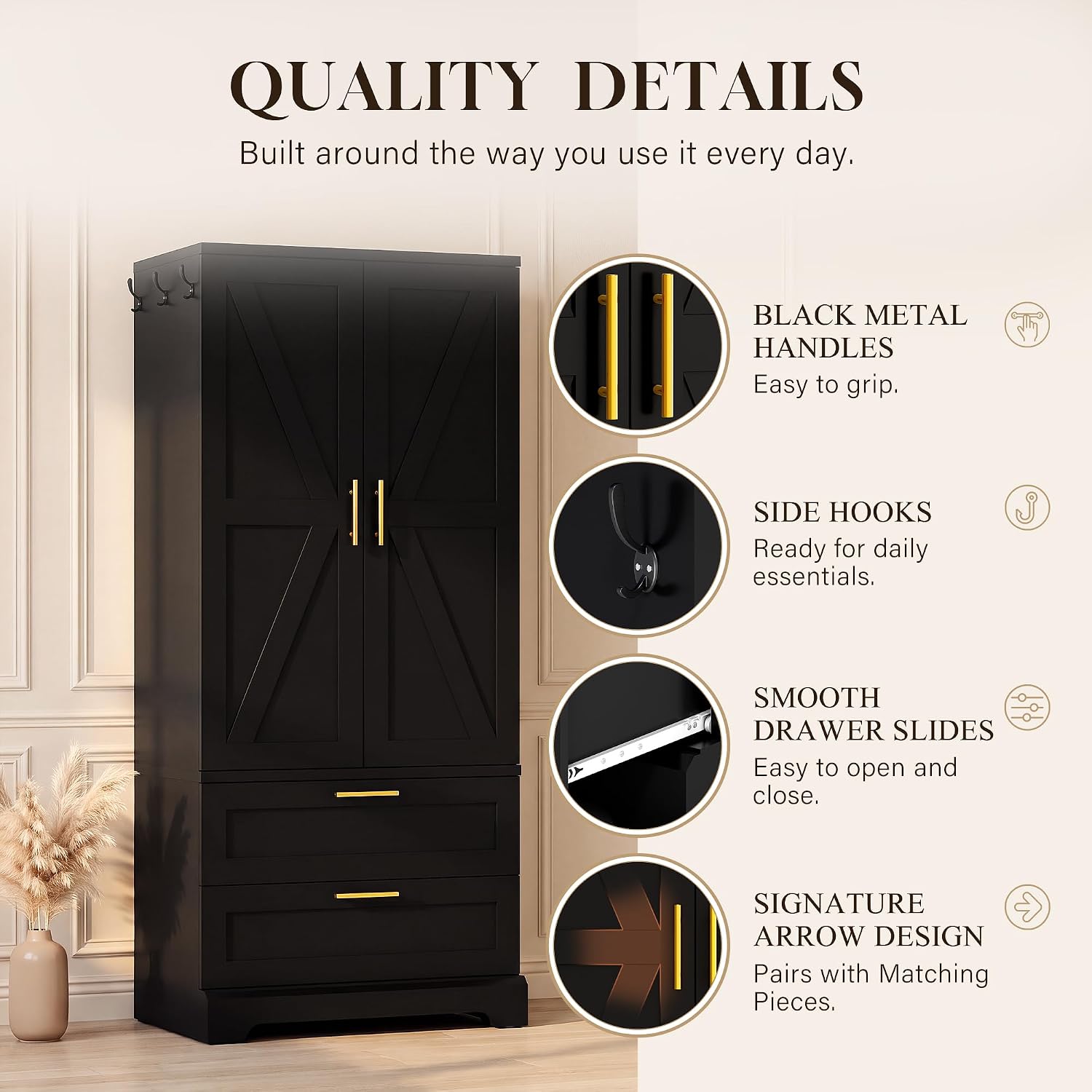 YESHOMY 70.9" Armoire Wardrobe Closet with Sensor Light, 2 Drawers (Black) | 20" Deep Design, Side Hooks, Soft-Close Hinges, Thickened Base Support
