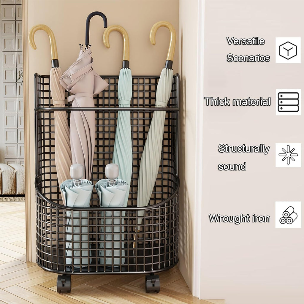 Hollow-out Umbrella Stand with Wheels/without Wheels Commercial Umbrellas Holder H 17.7/19.7" Multifunctional Cane Holder with Divided Storage Iron Frame