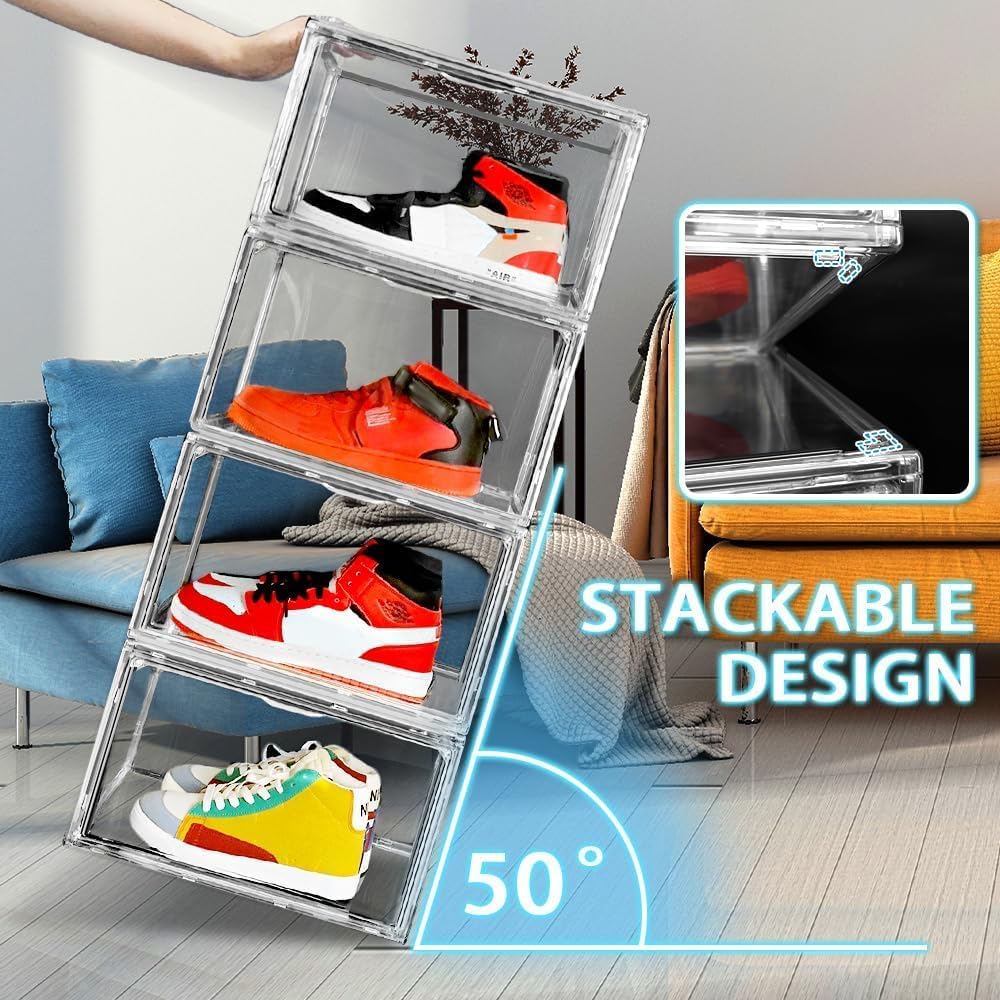 Size 14 Acrylic Sneaker Shoe Display Case Transparent Shoe Box Storage Bins Clear Plastic Stackable Boot Handbag Organizer Containers with Lids for Shoes, Figure, Collectible, Purse, 1Pack