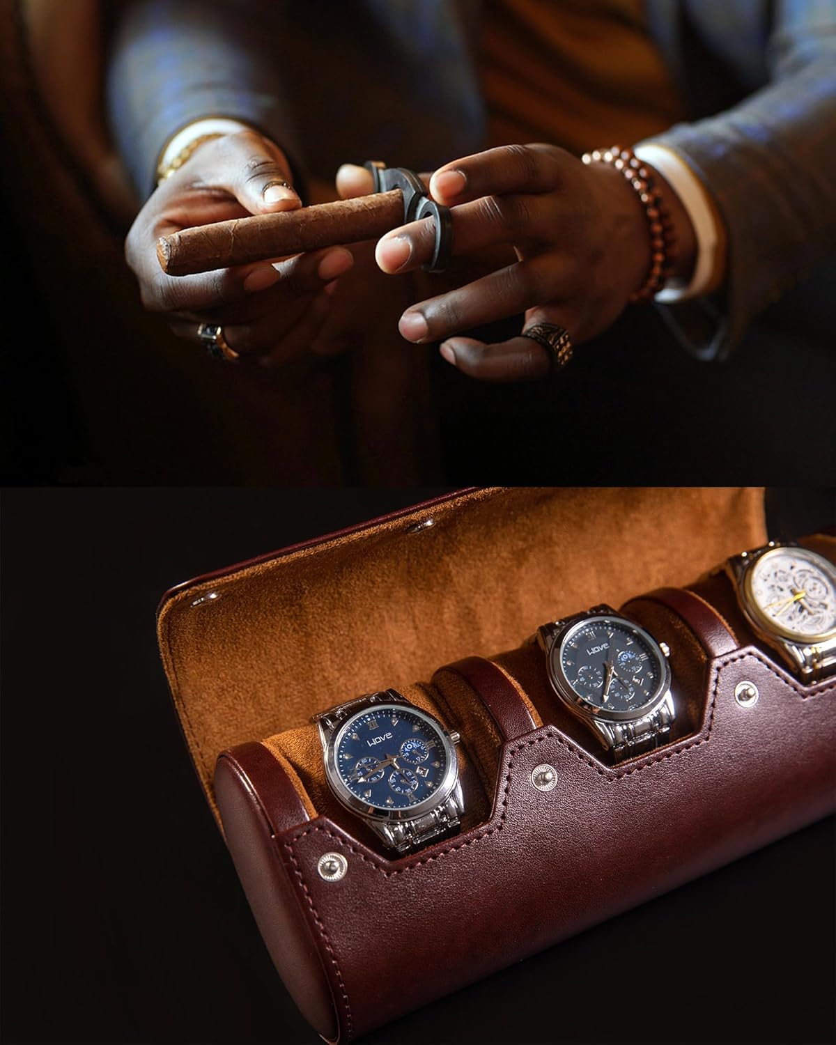 MR.OKAY 3 Watch Travel Case- Classic Leather Watch Case With Perfect Texture.Portable Watch Roll Or Organizer For Storage And Display. Luxury Gifts For Men, All Handmade by Artisans.