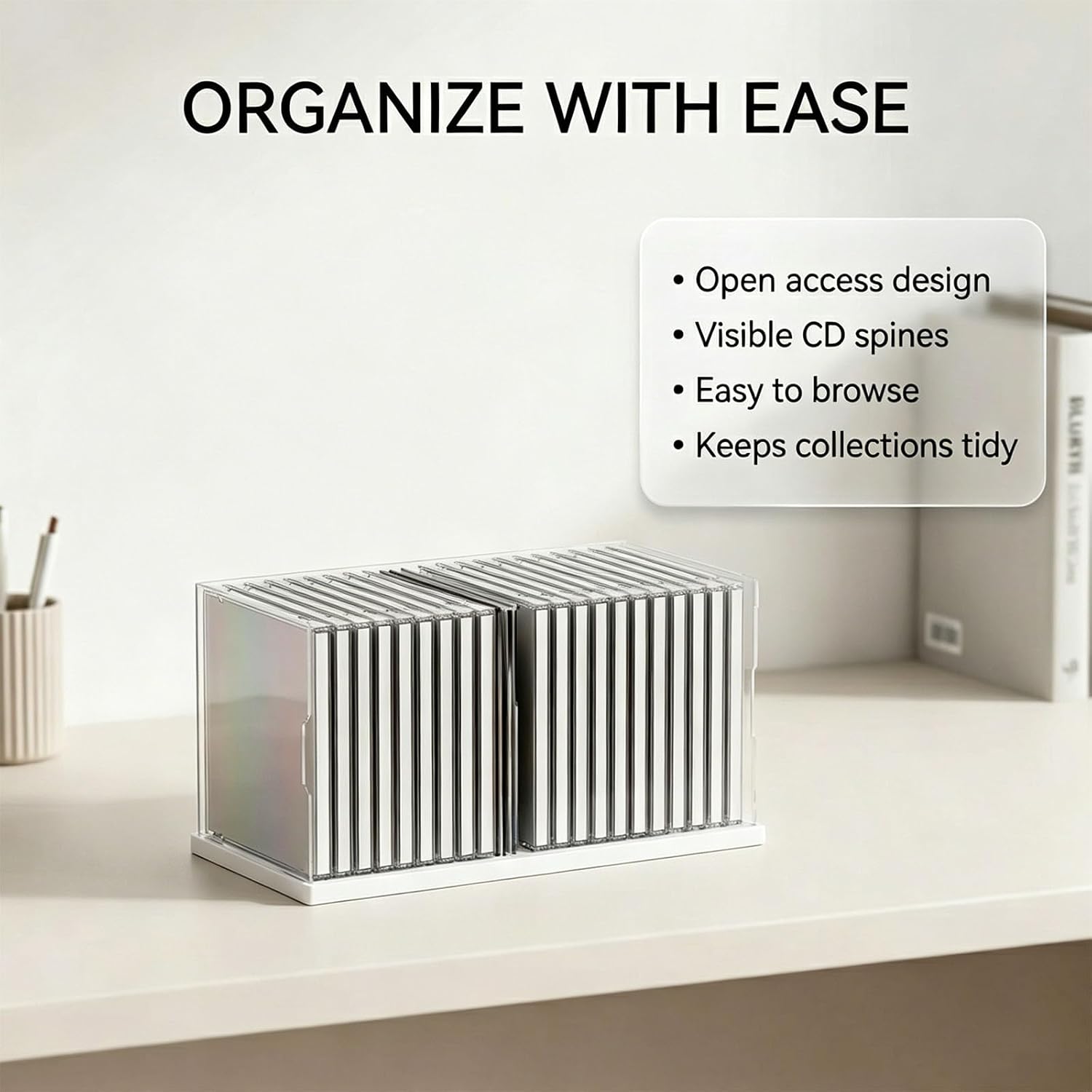 Clear Acrylic CD Holder Rack, Stackable CD Storage Box with Dustproof Door, DVD Display Case and Media Organizer for Music Disc, Blu Ray, Game Cases, Cassette, Shelf or Desktop