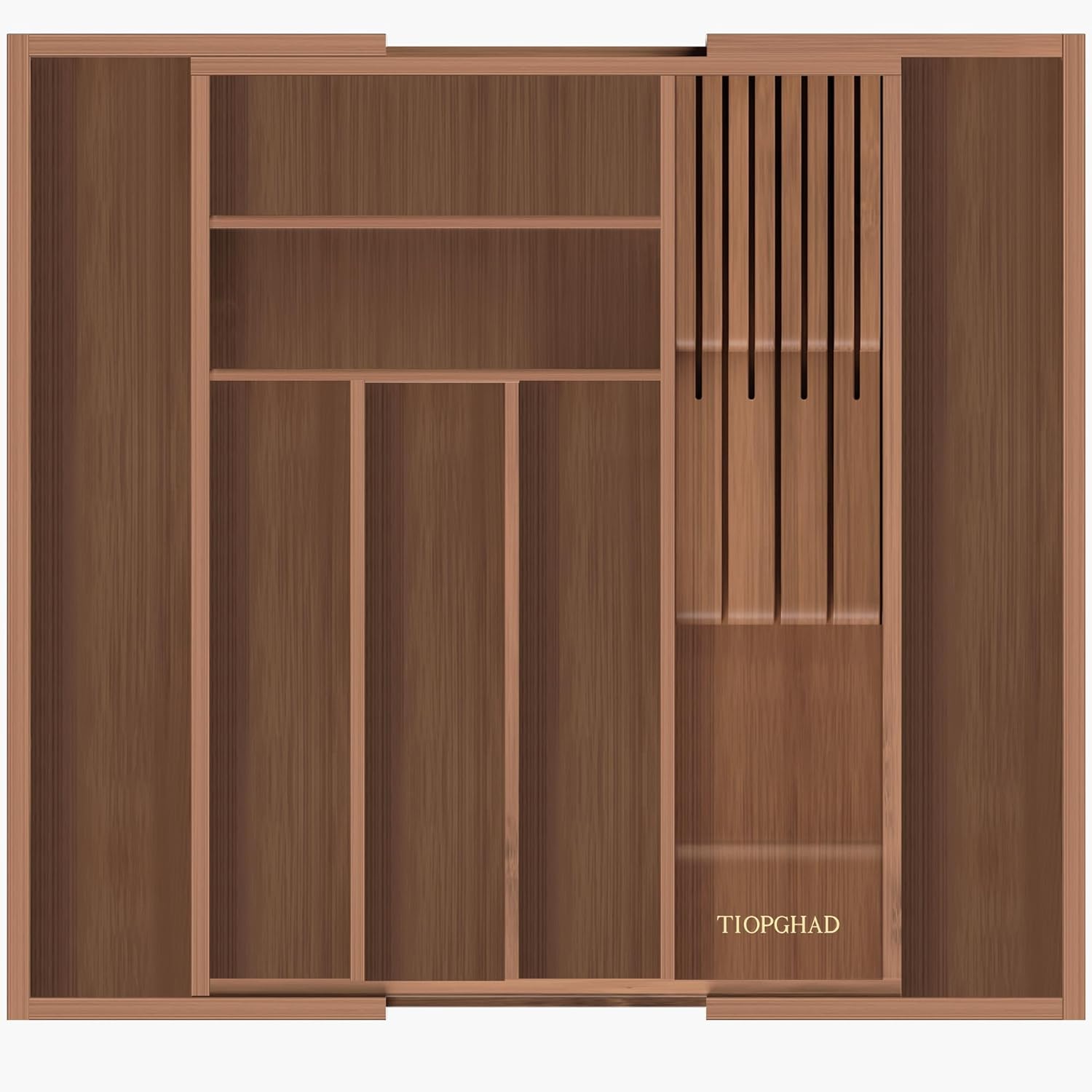 Expandable Bamboo Silverware Organizer with Knife Block, Brown | 12.6-21.45 x 16.3 x 2.13 in, Holds 7 Knives, Removable Knife Block, Adjustable Dividers, Drawer Insert for Utensils, Forks