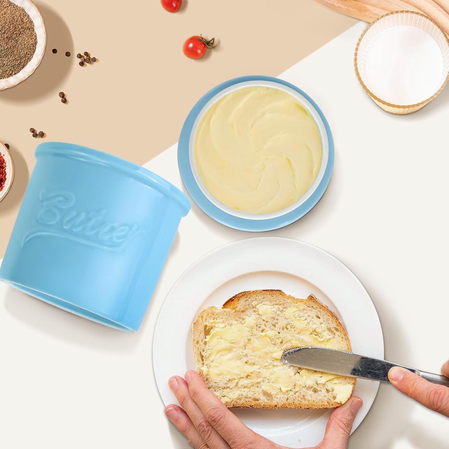 Butter Crock for Counter with Water, French Butter Keeper for Spreadable Butter Ceramic Butter Dish with Lid for Countertop, Butter Container Holder, Home Kitchen Decor (Blue, M)