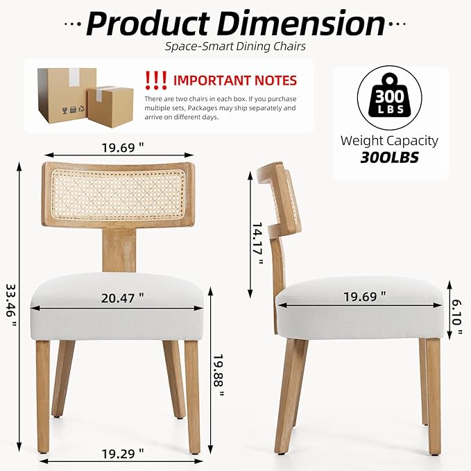 Mid-Century Modern Rattan Dining Chairs Set of 2 – Farmhouse Linen Upholstered Accent Chairs with Curved Backrest, Solid Hardwood Frame, and Comfortable Seat for Kitchen & Dining Room – Beige