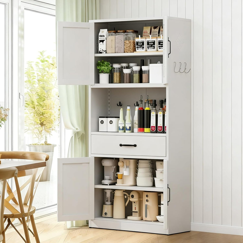 White Steel Kitchen Pantry Storage Cabinet with Large Countertop, Adjustable ...